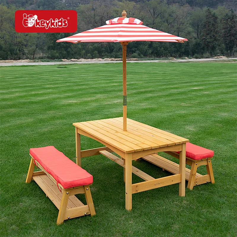 Outdoor Kids Wooden Picnic Table Bench Set with Removable Cushions and Umbrella W01D273