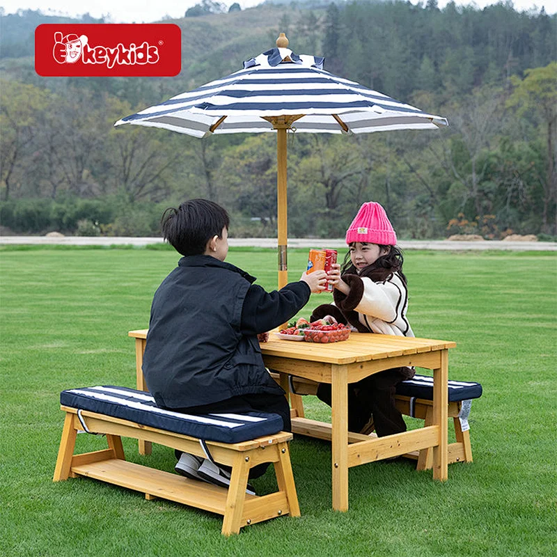 Outdoor Kids Wooden Picnic Table Bench Set with Removable Cushions and Umbrella W01D273
