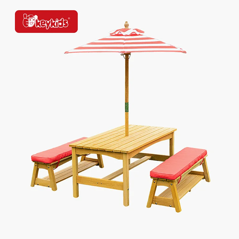 Outdoor Kids Wooden Picnic Table Bench Set with Removable Cushions and Umbrella W01D273