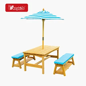 Outdoor Kids Wooden Picnic Table Bench Set with Removable Cushions and Umbrella W01D273