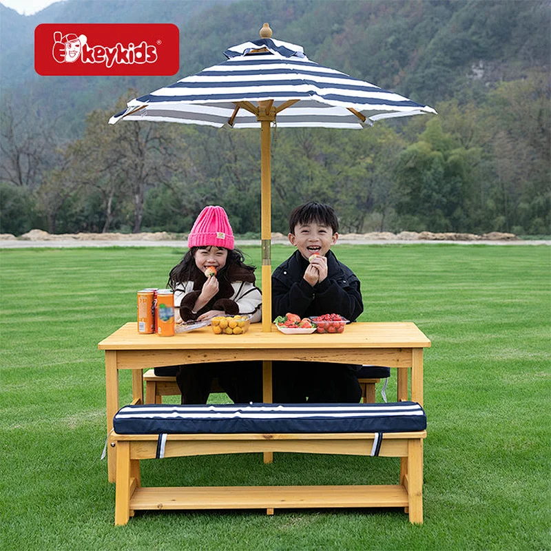 Outdoor Kids Wooden Picnic Table Bench Set with Removable Cushions and Umbrella W01D273